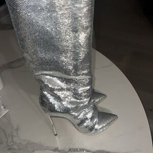 Silver sequin Casadei thigh high boots